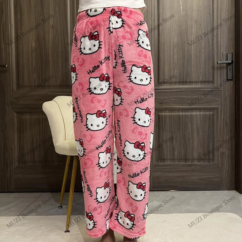 Sanrio Hello Kitty Pants Cute Cartoon Kuromi Women Pajama Coral Velvet Elastic Soft Trousers Comfortable Girls Home Pants Gifts
