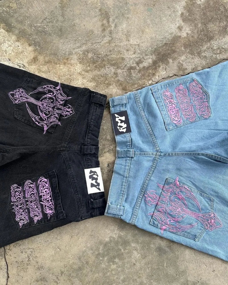Mens Baggy Jeans Y2K Harajuku Embroidery Pattern Black Loose Casual Wide Leg Pants Low Rise Denim Trousers Women Streetwear