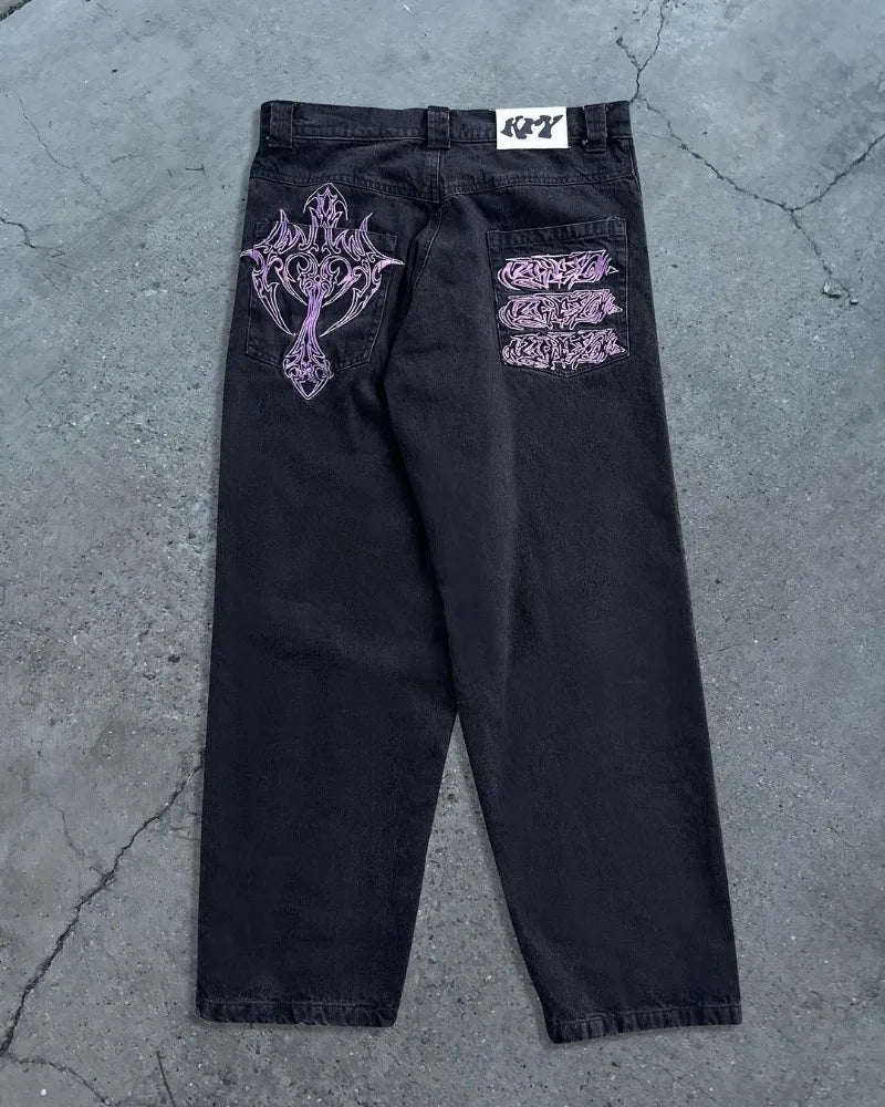 Mens Baggy Jeans Y2K Harajuku Embroidery Pattern Black Loose Casual Wide Leg Pants Low Rise Denim Trousers Women Streetwear