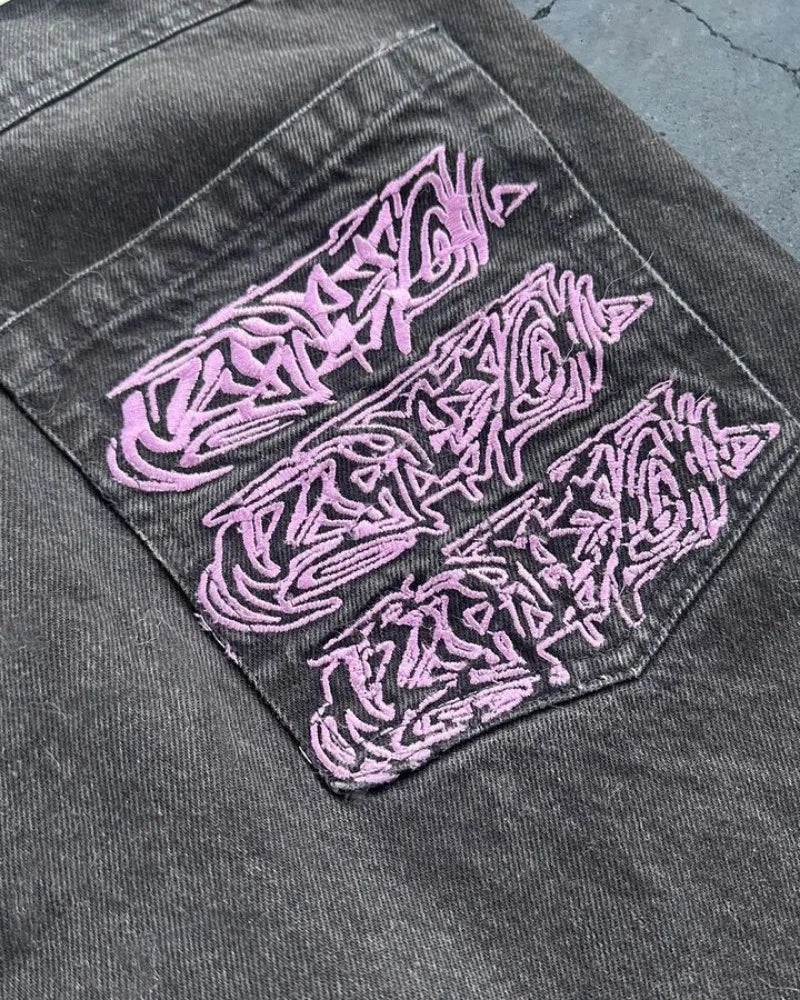 Mens Baggy Jeans Y2K Harajuku Embroidery Pattern Black Loose Casual Wide Leg Pants Low Rise Denim Trousers Women Streetwear