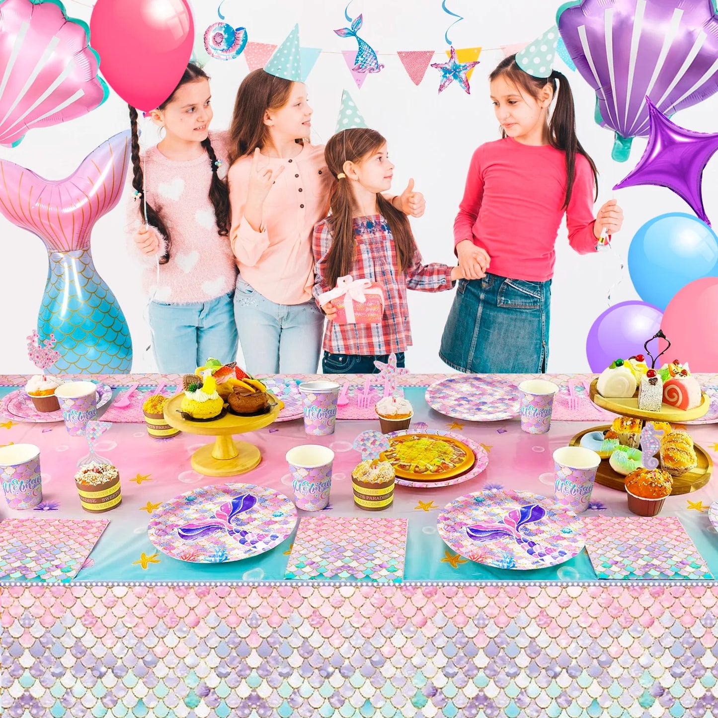 Mermaid Party Supplies,90 Pcs Party Supplies Kit-Mermaid Birthday Plates Cups Napkins Tablecloth&Banner Balloons Etc for Girls