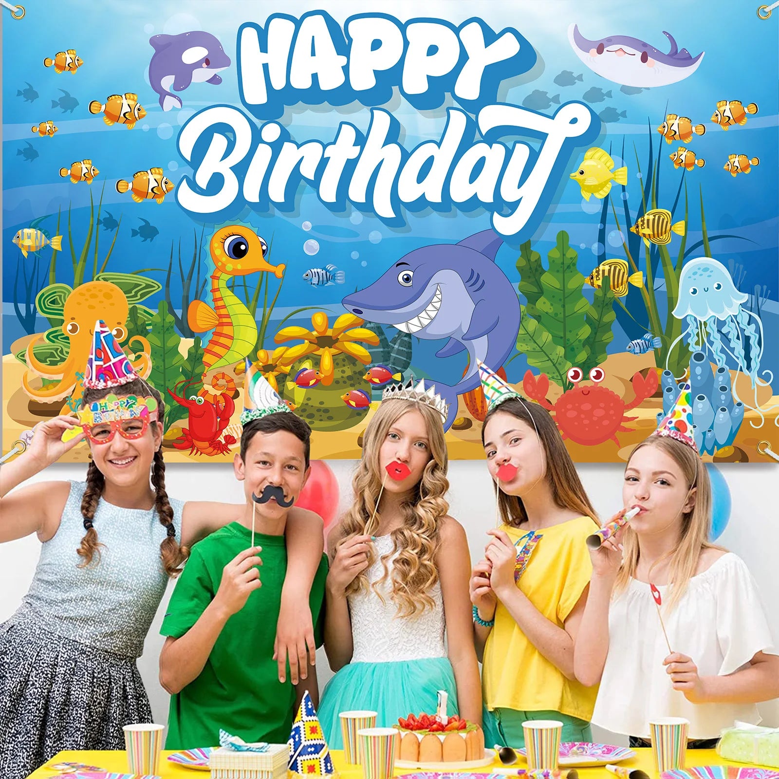 Decorações de Festa Sob o Mar Banner Fundo Tema Oceano Suprimentos para Aniversário Animais Marinhos Lembrancinhas de Aniversário Feliz