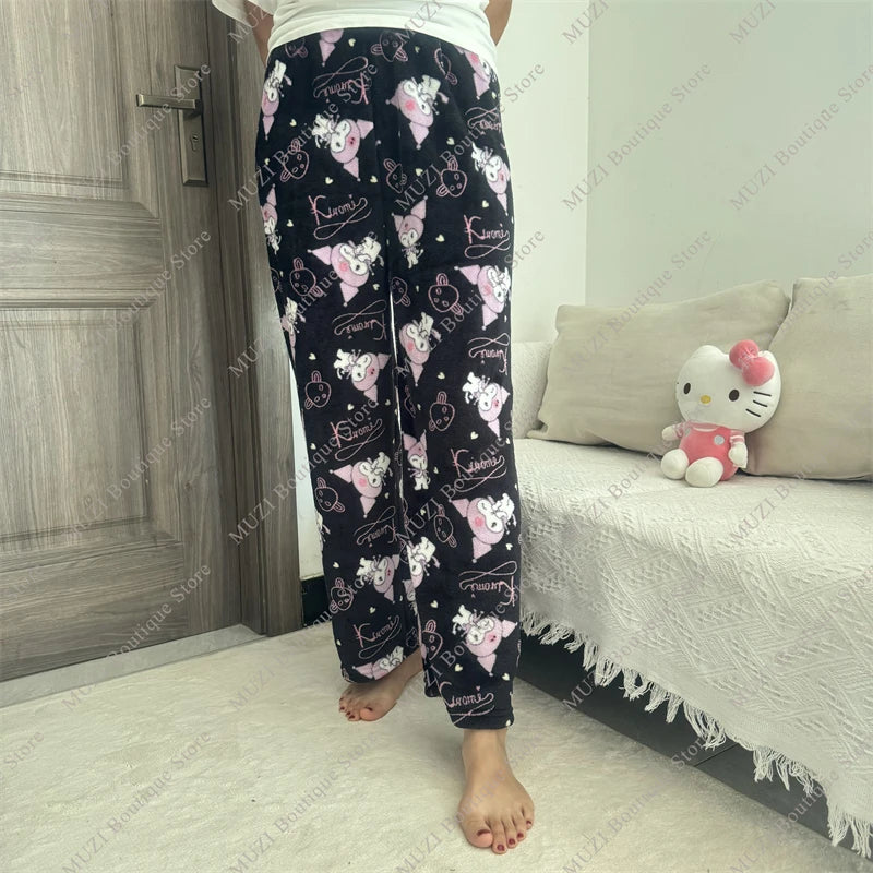 Sanrio Hello Kitty Pants Cute Cartoon Kuromi Women Pajama Coral Velvet Elastic Soft Trousers Comfortable Girls Home Pants Gifts