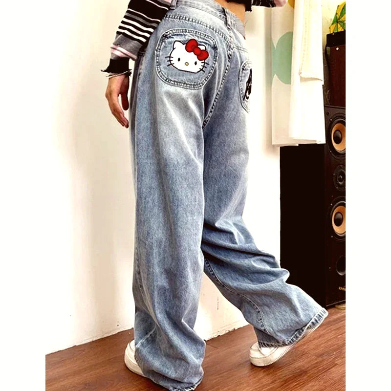 Hello Kitty Y2K Jeans Jeans Cartoon Vintage Letters Embroidered Jeans High Waist Loose Wide Leg Pants High Street Women'S Pants