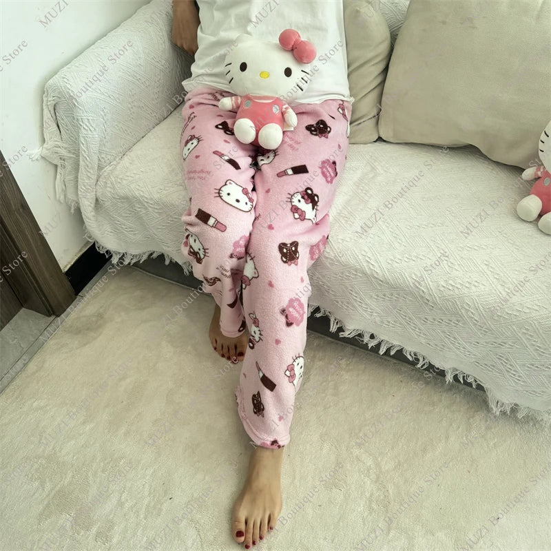 Sanrio Hello Kitty Pants Cute Cartoon Kuromi Women Pajama Coral Velvet Elastic Soft Trousers Comfortable Girls Home Pants Gifts