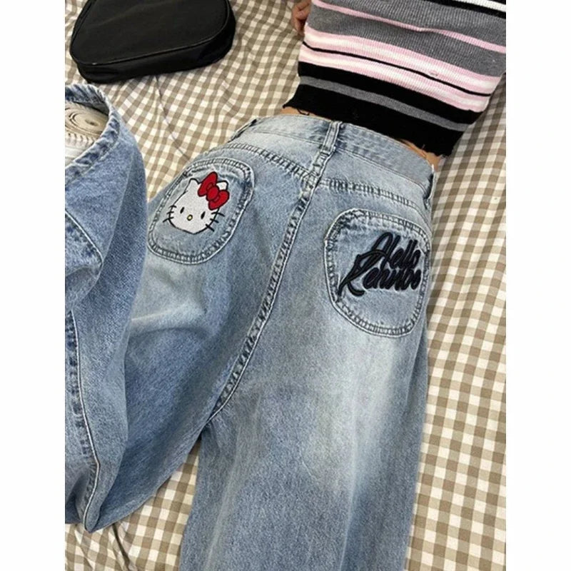 Hello Kitty Y2K Jeans Jeans Cartoon Vintage Letters Embroidered Jeans High Waist Loose Wide Leg Pants High Street Women'S Pants