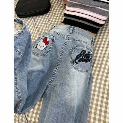 Hello Kitty Y2K Jeans Jeans Cartoon Vintage Letters Embroidered Jeans High Waist Loose Wide Leg Pants High Street Women'S Pants