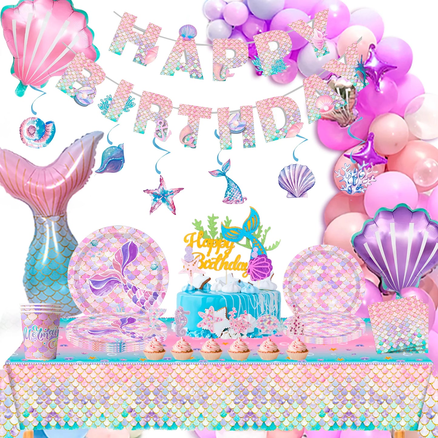 Mermaid Party Supplies,90 Pcs Party Supplies Kit-Mermaid Birthday Plates Cups Napkins Tablecloth&Banner Balloons Etc for Girls