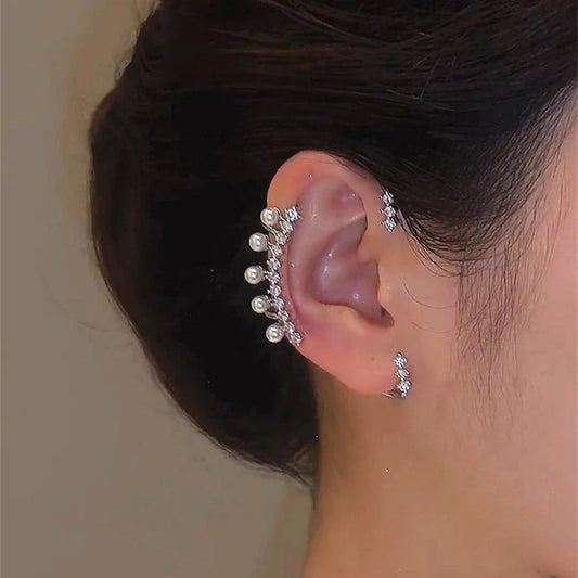 Fashion Imitation Pearl without Piercing Earrings Silver Color Ear Clips Sparkling Zircon Ear Cuff Clip Earring Wedding Jewelry