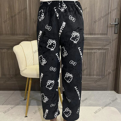 Sanrio Hello Kitty Pants Cute Cartoon Kuromi Women Pajama Coral Velvet Elastic Soft Trousers Comfortable Girls Home Pants Gifts