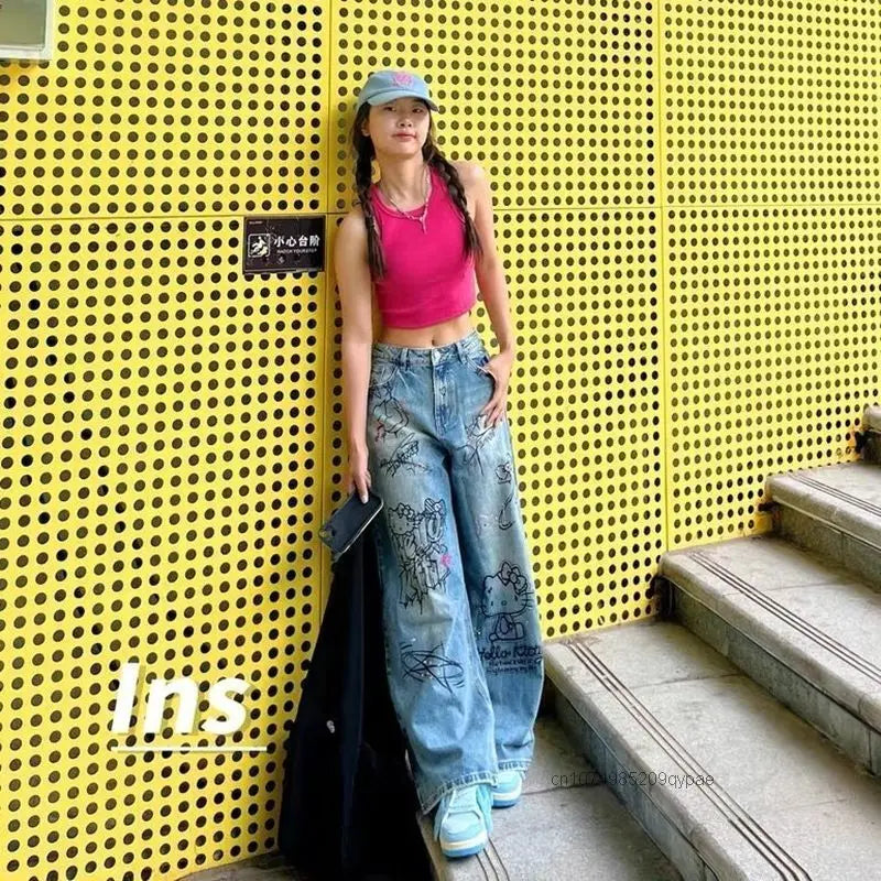Sanrio Hello Kitty American Graffiti Jeans Women'S Summer Loose Straight Pants Unique Design Millennium Y2K Girl Style Trousers