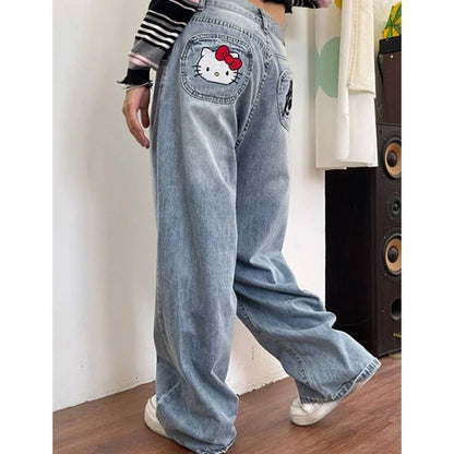 Hello Kitty Y2K Jeans Jeans Cartoon Vintage Letters Embroidered Jeans High Waist Loose Wide Leg Pants High Street Women'S Pants