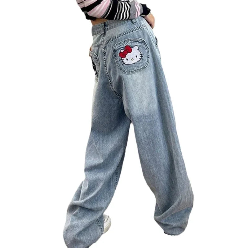 Hello Kitty Y2K Jeans Jeans Cartoon Vintage Letters Embroidered Jeans High Waist Loose Wide Leg Pants High Street Women'S Pants