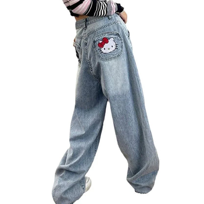 Hello Kitty Y2K Jeans Jeans Cartoon Vintage Letters Embroidered Jeans High Waist Loose Wide Leg Pants High Street Women'S Pants