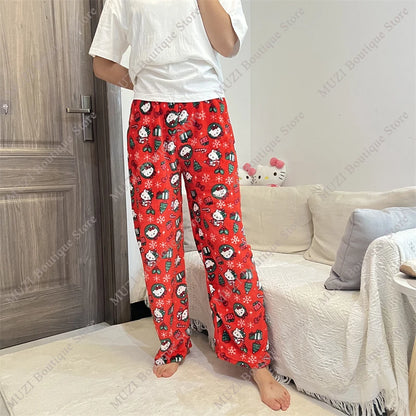 Sanrio Hello Kitty Pants Cute Cartoon Kuromi Women Pajama Coral Velvet Elastic Soft Trousers Comfortable Girls Home Pants Gifts
