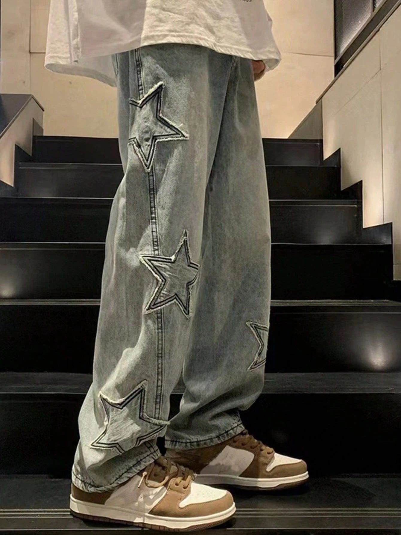 ROMWE MEN Street Life Men'S Casual Baggy Jeans with Star-Shaped Patches, School