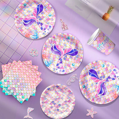 Mermaid Party Supplies,90 Pcs Party Supplies Kit-Mermaid Birthday Plates Cups Napkins Tablecloth&Banner Balloons Etc for Girls