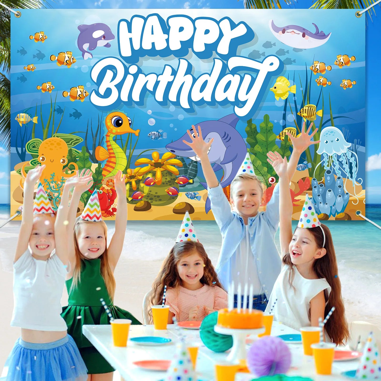 Decorações de Festa Sob o Mar Banner Fundo Tema Oceano Suprimentos para Aniversário Animais Marinhos Lembrancinhas de Aniversário Feliz