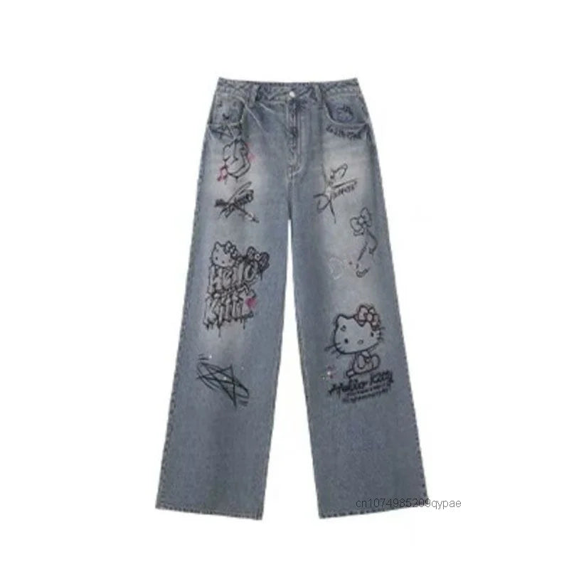 Sanrio Hello Kitty American Graffiti Jeans Women'S Summer Loose Straight Pants Unique Design Millennium Y2K Girl Style Trousers