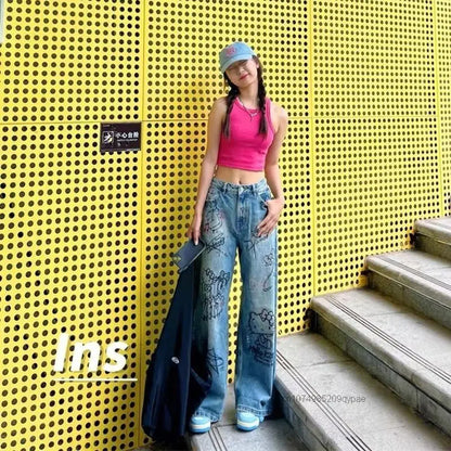 Sanrio Hello Kitty American Graffiti Jeans Women'S Summer Loose Straight Pants Unique Design Millennium Y2K Girl Style Trousers