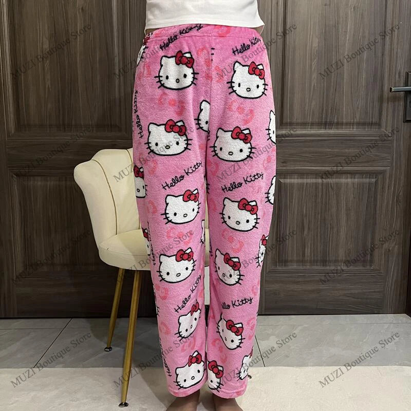 Sanrio Hello Kitty Pants Cute Cartoon Kuromi Women Pajama Coral Velvet Elastic Soft Trousers Comfortable Girls Home Pants Gifts