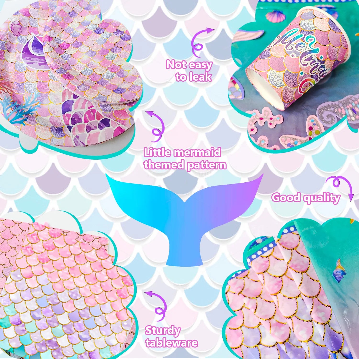 Mermaid Party Supplies,90 Pcs Party Supplies Kit-Mermaid Birthday Plates Cups Napkins Tablecloth&Banner Balloons Etc for Girls