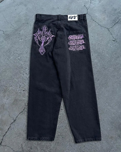 Mens Baggy Jeans Y2K Harajuku Embroidery Pattern Black Loose Casual Wide Leg Pants Low Rise Denim Trousers Women Streetwear