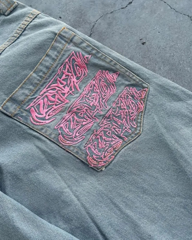 Mens Baggy Jeans Y2K Harajuku Embroidery Pattern Black Loose Casual Wide Leg Pants Low Rise Denim Trousers Women Streetwear