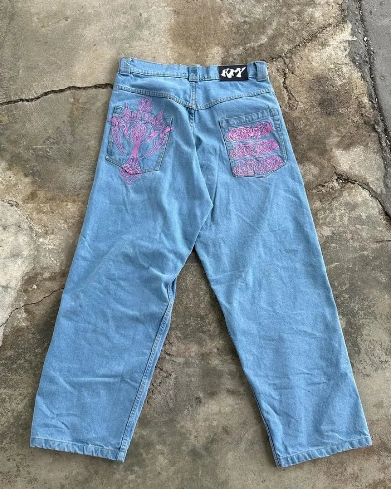 Mens Baggy Jeans Y2K Harajuku Embroidery Pattern Black Loose Casual Wide Leg Pants Low Rise Denim Trousers Women Streetwear