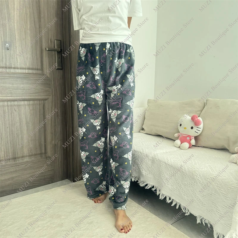 Sanrio Hello Kitty Pants Cute Cartoon Kuromi Women Pajama Coral Velvet Elastic Soft Trousers Comfortable Girls Home Pants Gifts