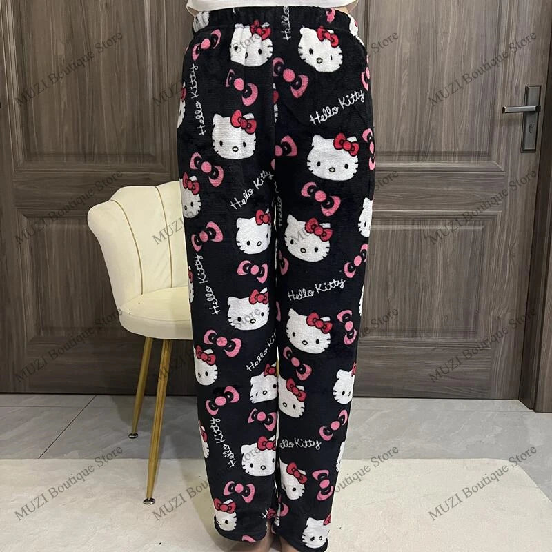 Sanrio Hello Kitty Pants Cute Cartoon Kuromi Women Pajama Coral Velvet Elastic Soft Trousers Comfortable Girls Home Pants Gifts