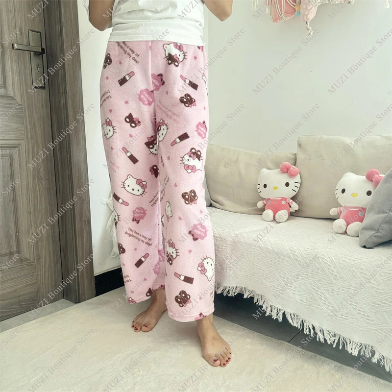 Sanrio Hello Kitty Pants Cute Cartoon Kuromi Women Pajama Coral Velvet Elastic Soft Trousers Comfortable Girls Home Pants Gifts