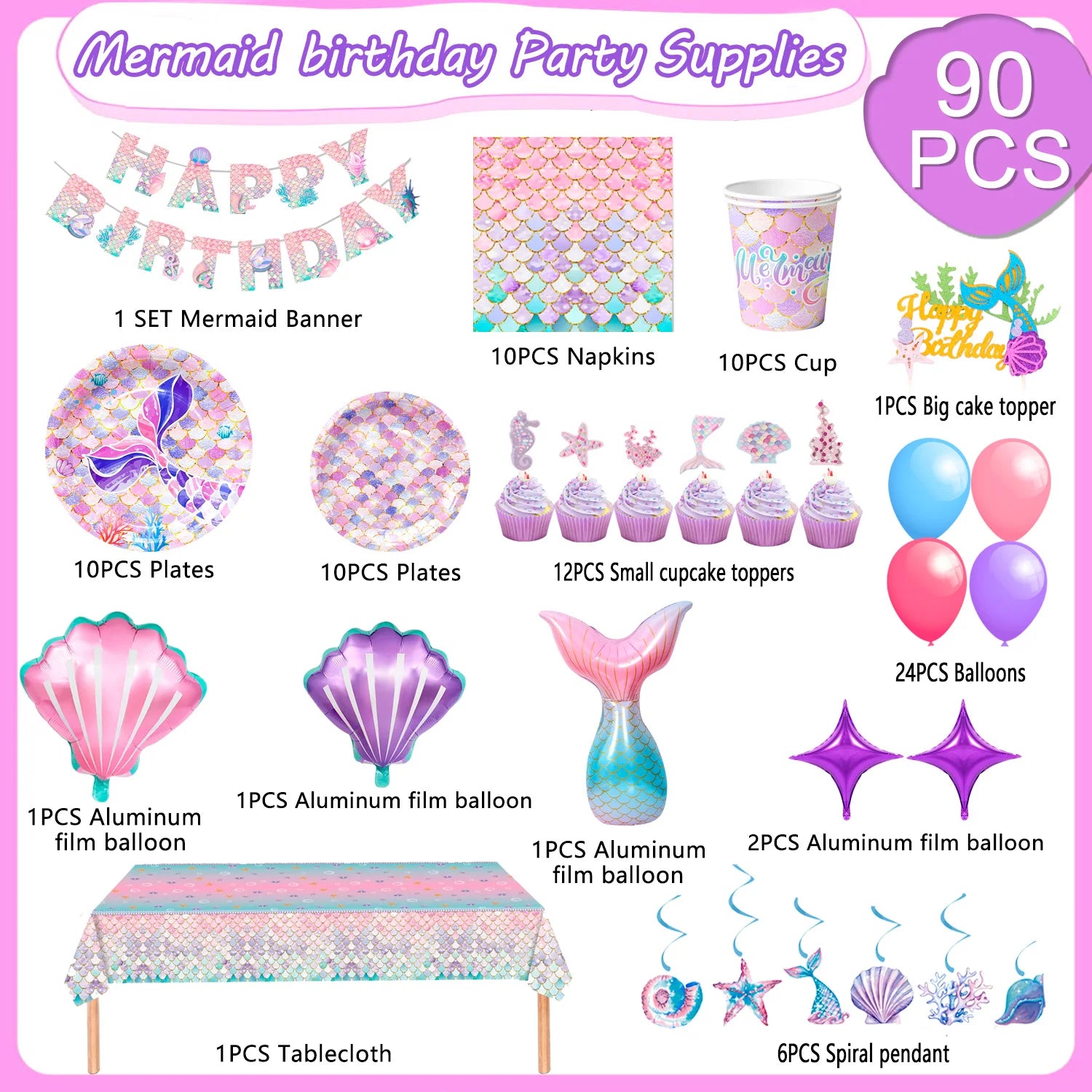 Mermaid Party Supplies,90 Pcs Party Supplies Kit-Mermaid Birthday Plates Cups Napkins Tablecloth&Banner Balloons Etc for Girls
