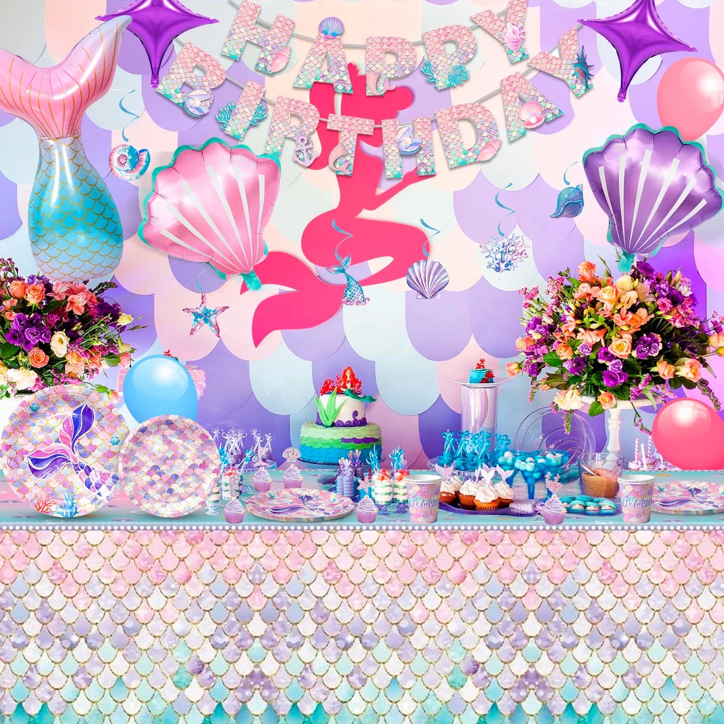 Mermaid Party Supplies,90 Pcs Party Supplies Kit-Mermaid Birthday Plates Cups Napkins Tablecloth&Banner Balloons Etc for Girls