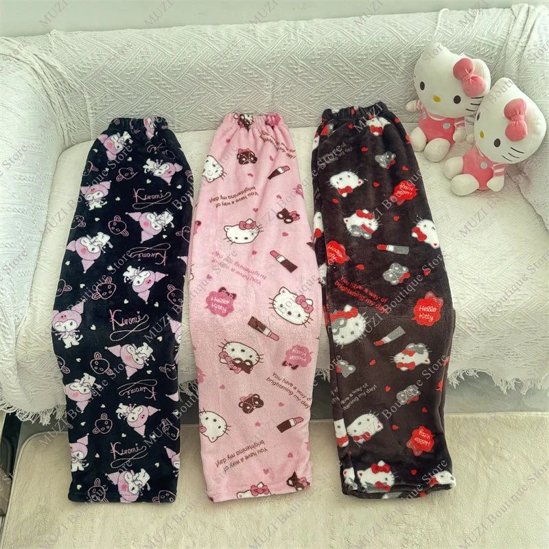 Sanrio Hello Kitty Pants Cute Cartoon Kuromi Women Pajama Coral Velvet Elastic Soft Trousers Comfortable Girls Home Pants Gifts