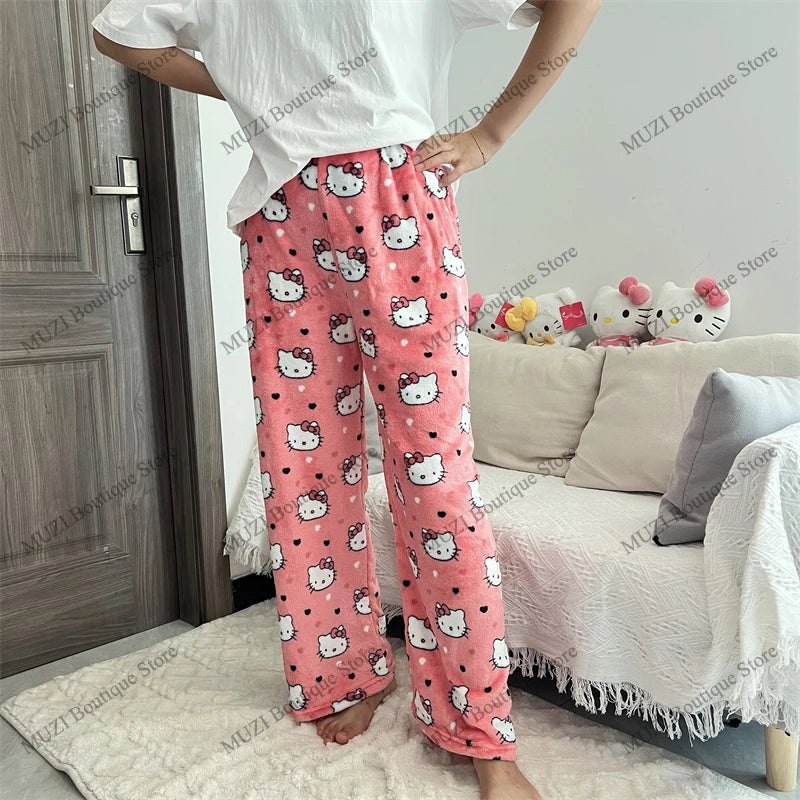 Sanrio Hello Kitty Pants Cute Cartoon Kuromi Women Pajama Coral Velvet Elastic Soft Trousers Comfortable Girls Home Pants Gifts