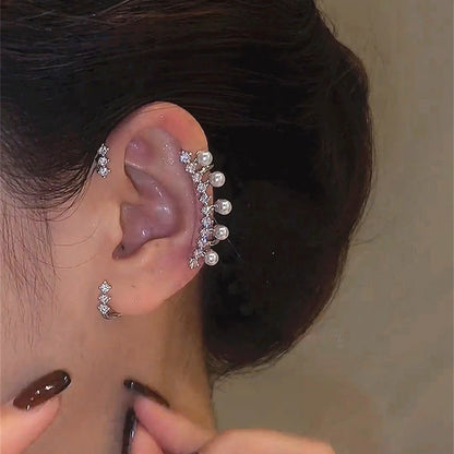 Fashion Imitation Pearl without Piercing Earrings Silver Color Ear Clips Sparkling Zircon Ear Cuff Clip Earring Wedding Jewelry