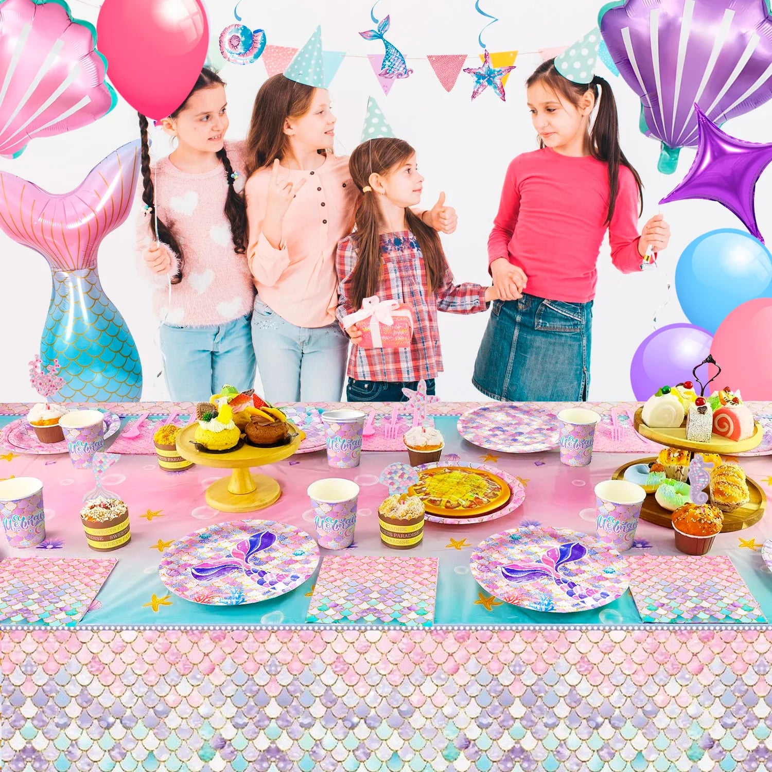Mermaid Party Supplies,90 Pcs Party Supplies Kit-Mermaid Birthday Plates Cups Napkins Tablecloth&Banner Balloons Etc for Girls