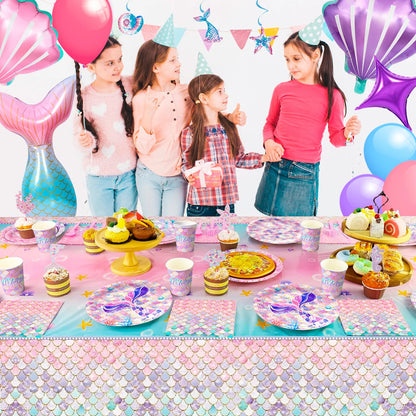 Mermaid Party Supplies,90 Pcs Party Supplies Kit-Mermaid Birthday Plates Cups Napkins Tablecloth&Banner Balloons Etc for Girls