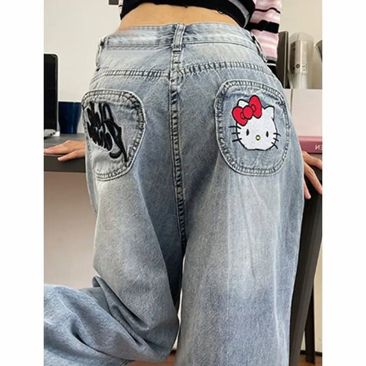Hello Kitty Y2K Jeans Jeans Cartoon Vintage Letters Embroidered Jeans High Waist Loose Wide Leg Pants High Street Women'S Pants